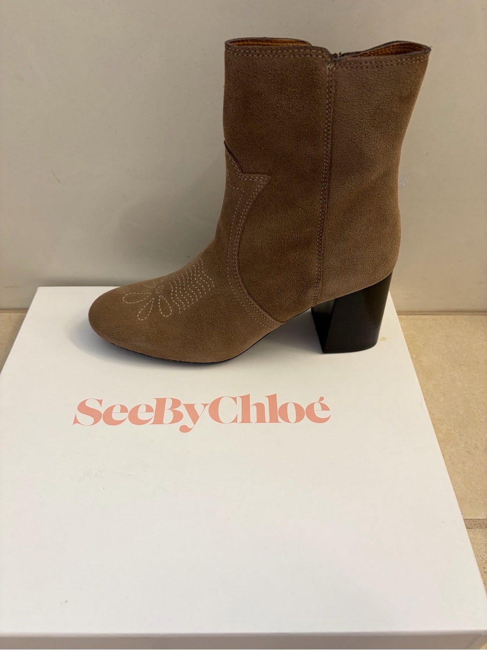 See By Chloe Taupe Suede Western-Style Ankle Boots
